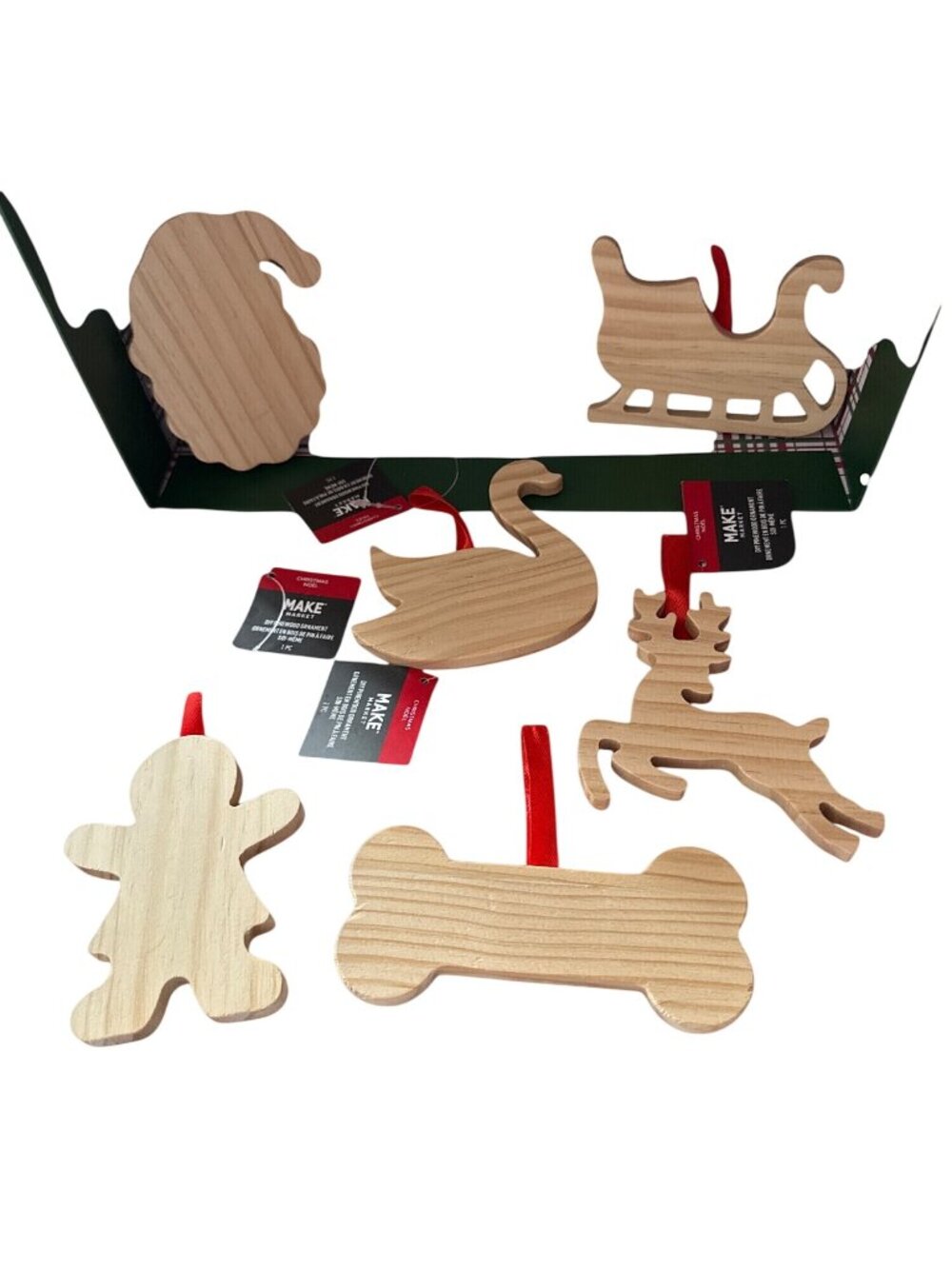 DIY Pinewood Christmas Ornament Set - 6 Pieces Reindeer Sleigh Gingerbread Swan